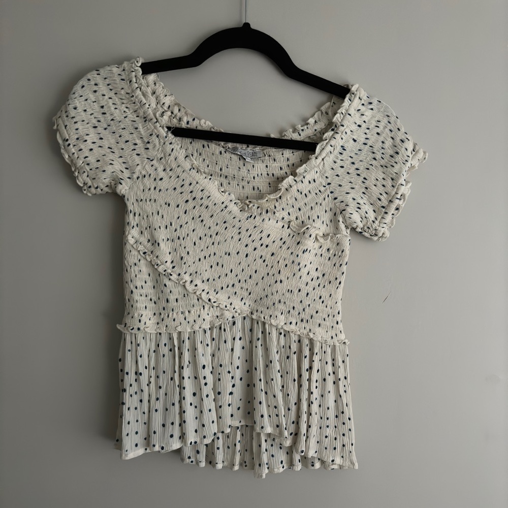 Patrons of Peace white with blue polka dot blouse - Women’s Size Small
